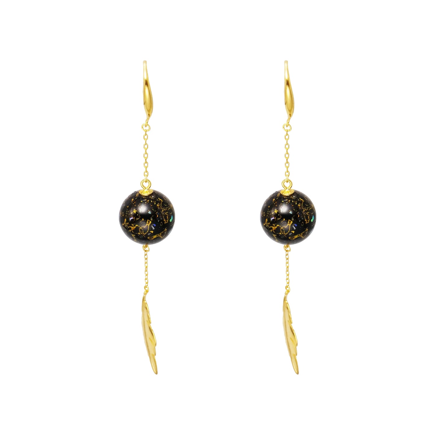 "Blue Gold Pearl Heart Pendant Earrings with Copper Gold-Plated Lacquered Wood Beads"