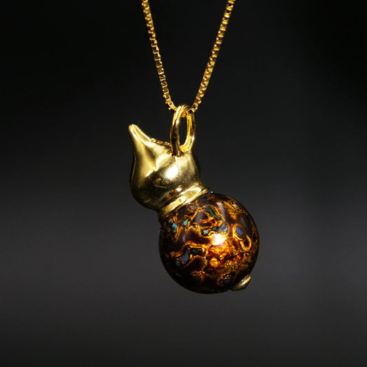 "Black Lacquer Gourd Pendant Necklace with Copper Gold Plated"