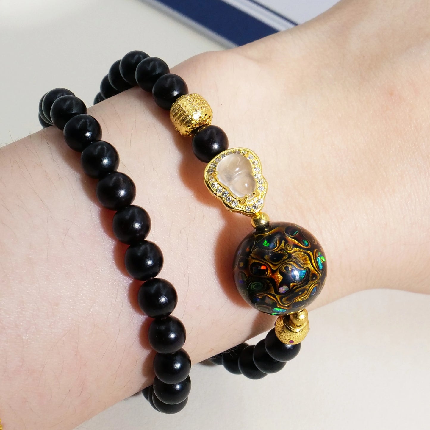 Black gold lacquer bead bracelet, high quality copper electric gold plated, intangible cultural heritage, handmade