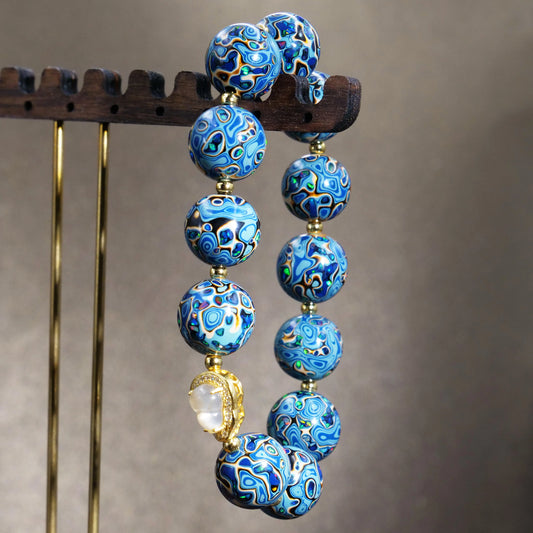 Blue lacquer bead bracelet, high quality copper electric gold plated, intangible cultural heritage, handmade