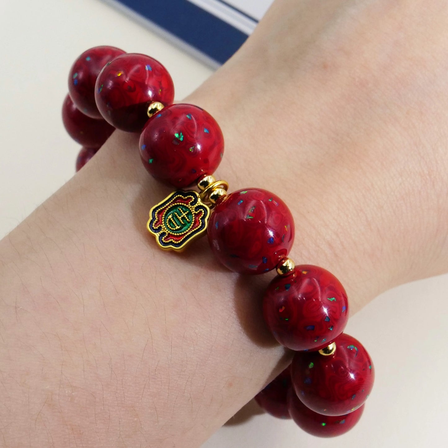 Red lacquer bead bracelet, high quality copper electric gold plated, intangible cultural heritage, handmade