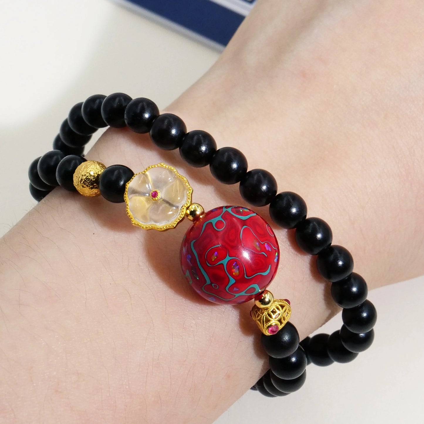 Red lacquer bead bracelet, high quality copper electric gold plated, intangible cultural heritage, handmade