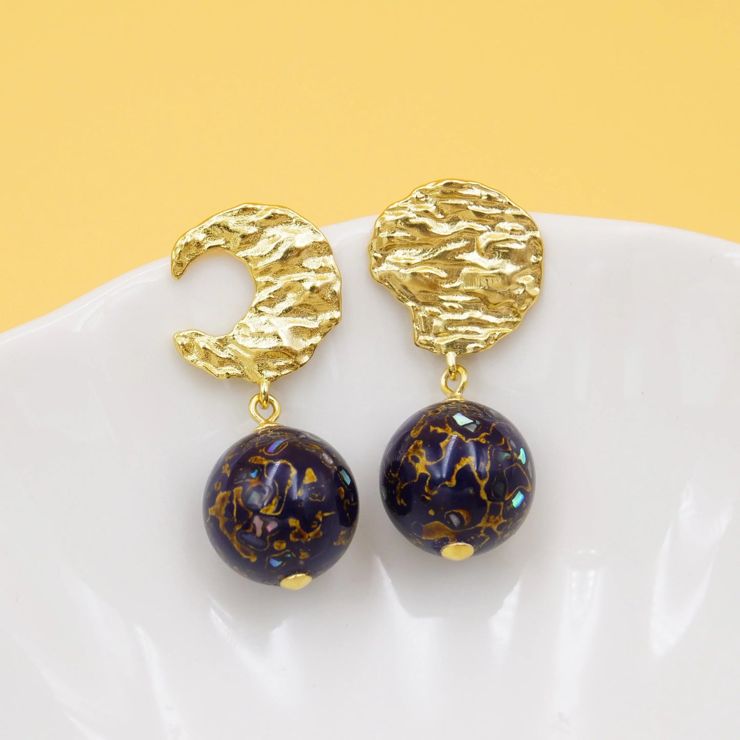 Black purple paint beads, irregular shape earrings, high quality copper electric gold plated, gold line temperament earrings