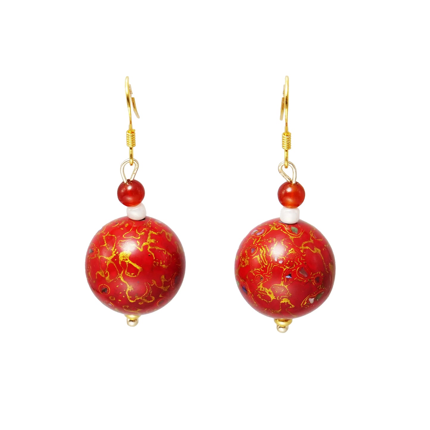 "Red Gold Pearl Heart Pendant Earrings with Copper Gold-Plated Lacquered Wood Beads"