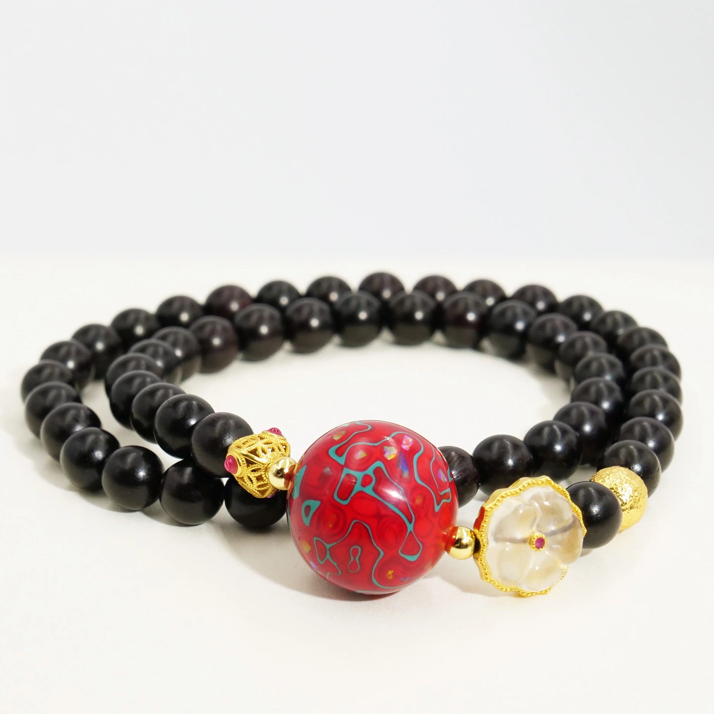 Red lacquer bead bracelet, high quality copper electric gold plated, intangible cultural heritage, handmade