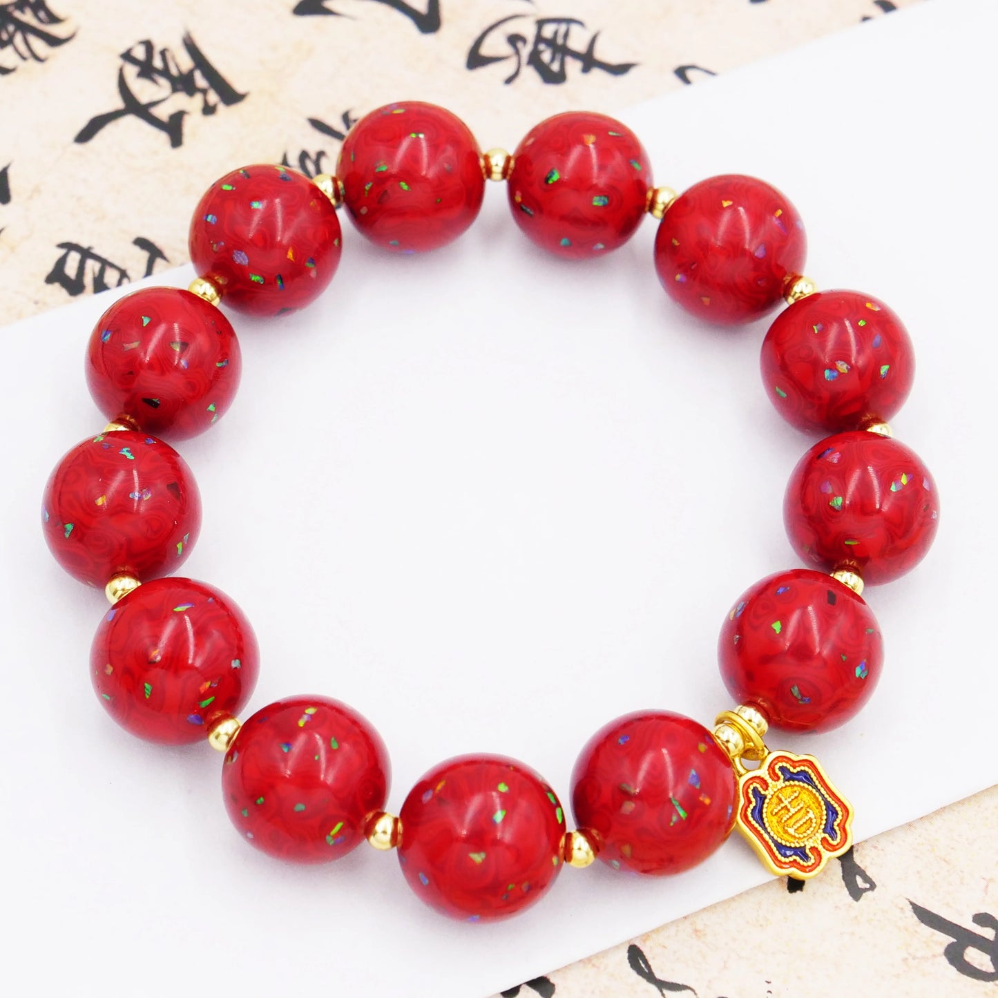 Red lacquer bead bracelet, high quality copper electric gold plated, intangible cultural heritage, handmade