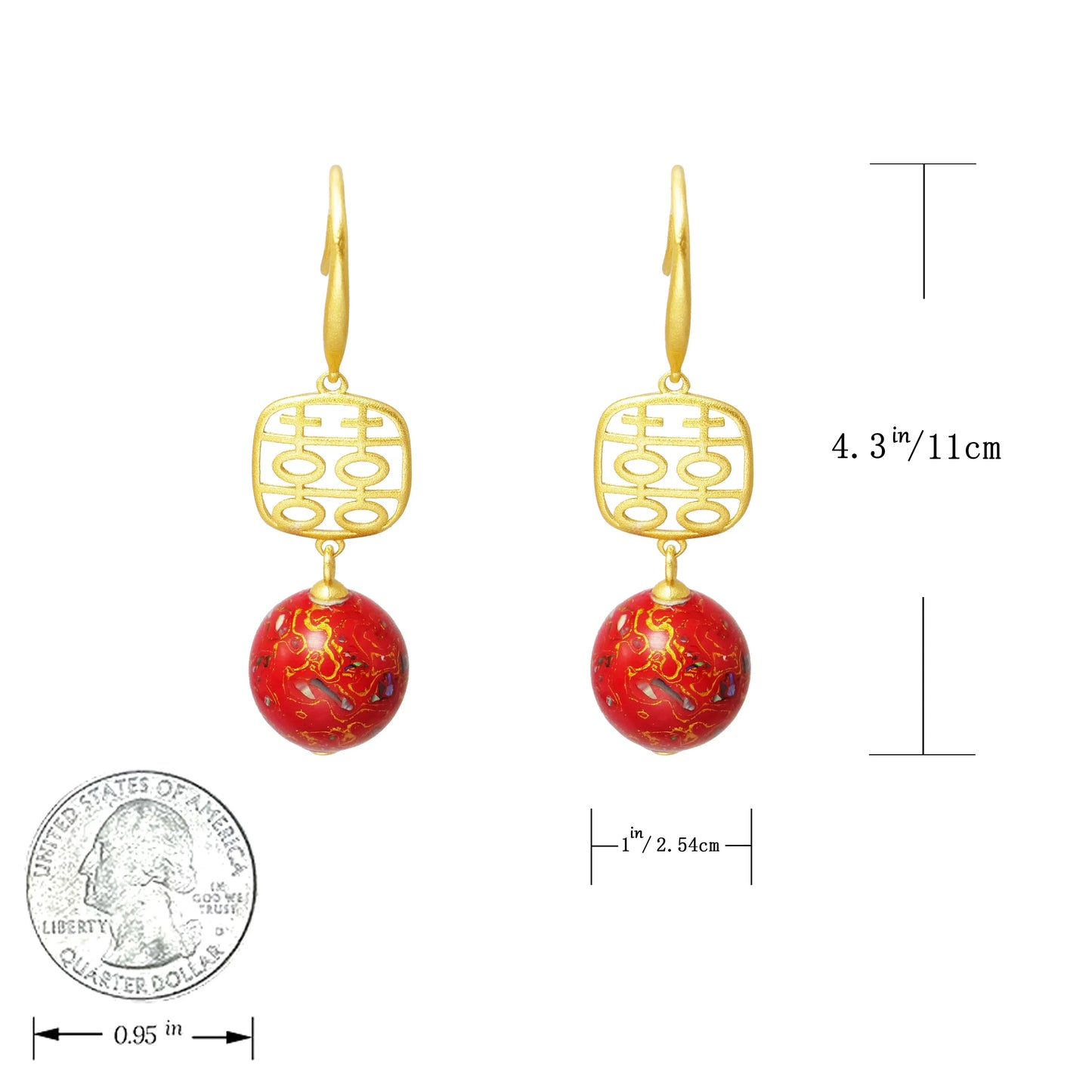 Chinese red gold lacquer beads, copper electric gold-plated high-grade earrings