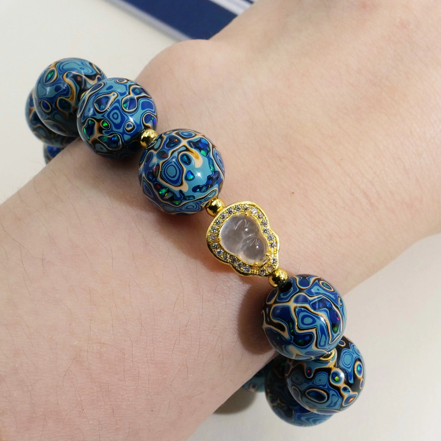 Blue lacquer bead bracelet, high quality copper electric gold plated, intangible cultural heritage, handmade