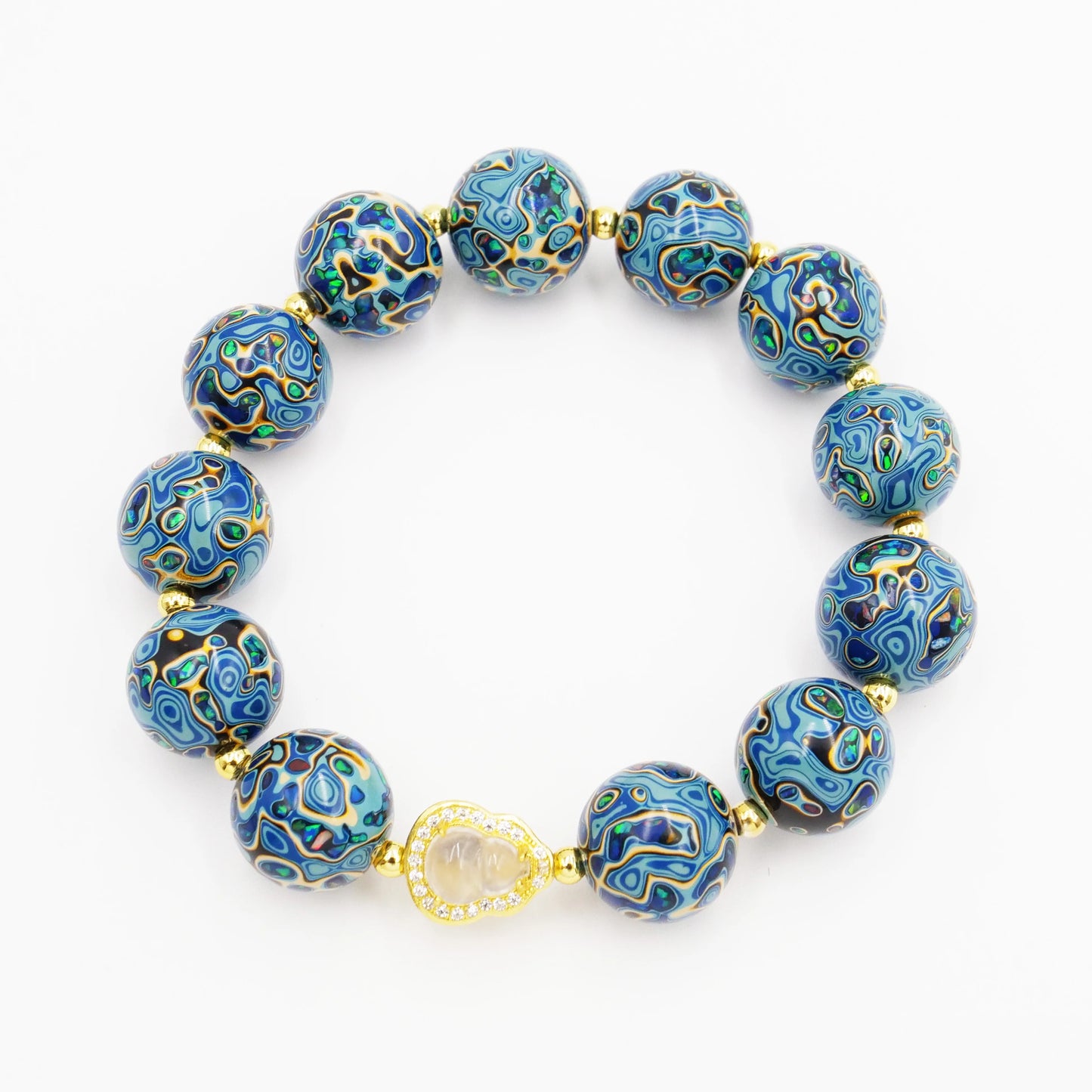 Blue lacquer bead bracelet, high quality copper electric gold plated, intangible cultural heritage, handmade