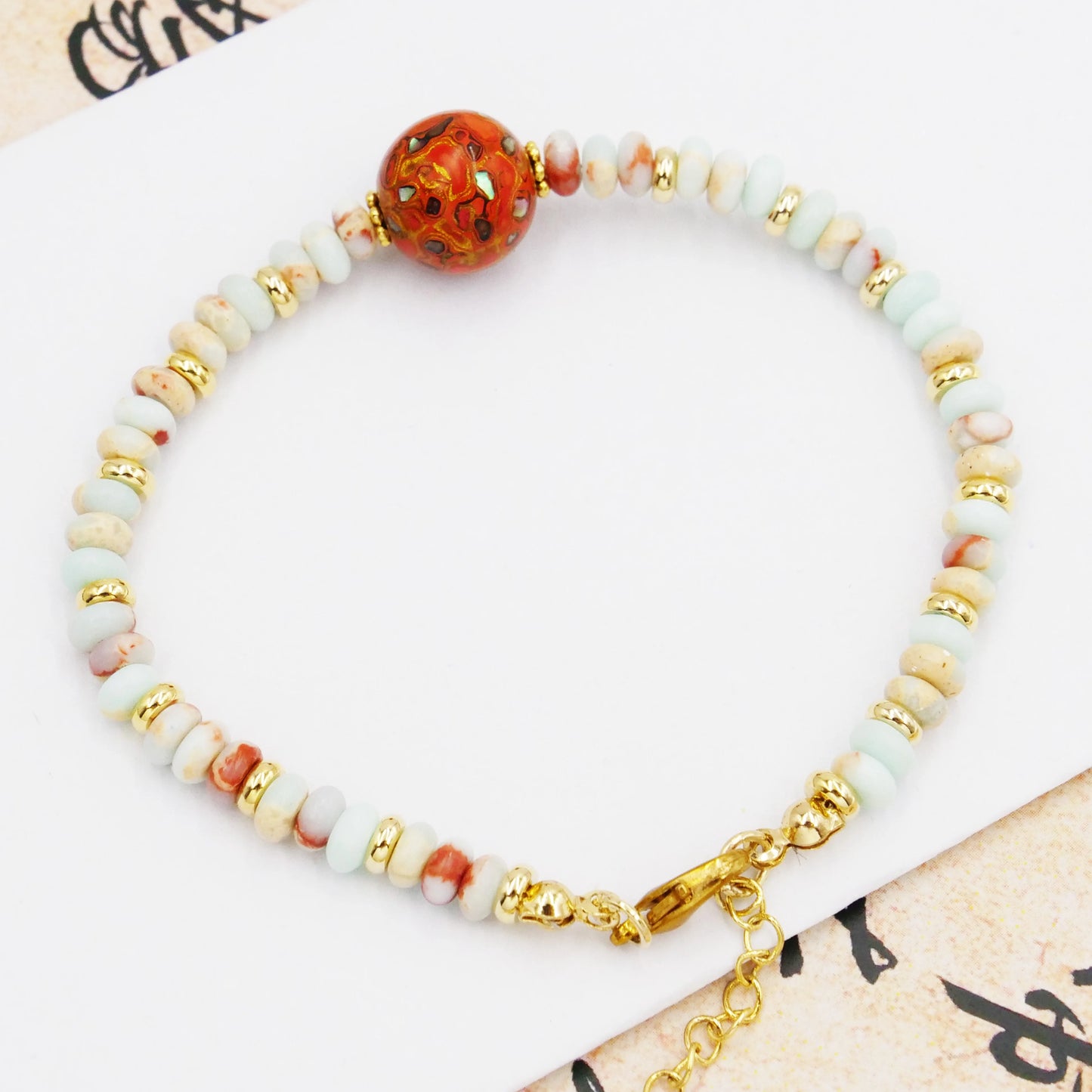 Natural freshwater pearl red lacquer bead bracelet, copper electric gold plating intangible cultural heritage ancient craft