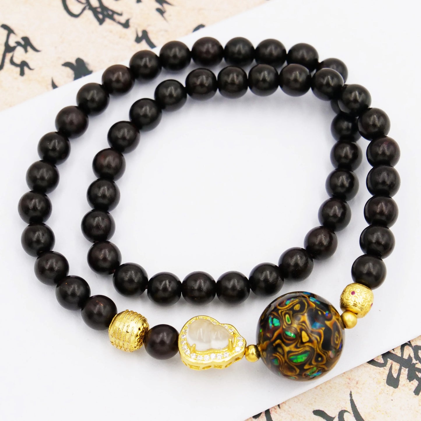 Black gold lacquer bead bracelet, high quality copper electric gold plated, intangible cultural heritage, handmade