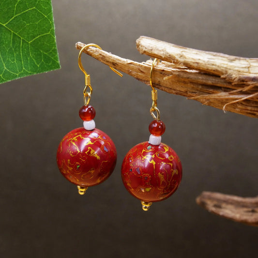 "Red Gold Pearl Heart Pendant Earrings with Copper Gold-Plated Lacquered Wood Beads"