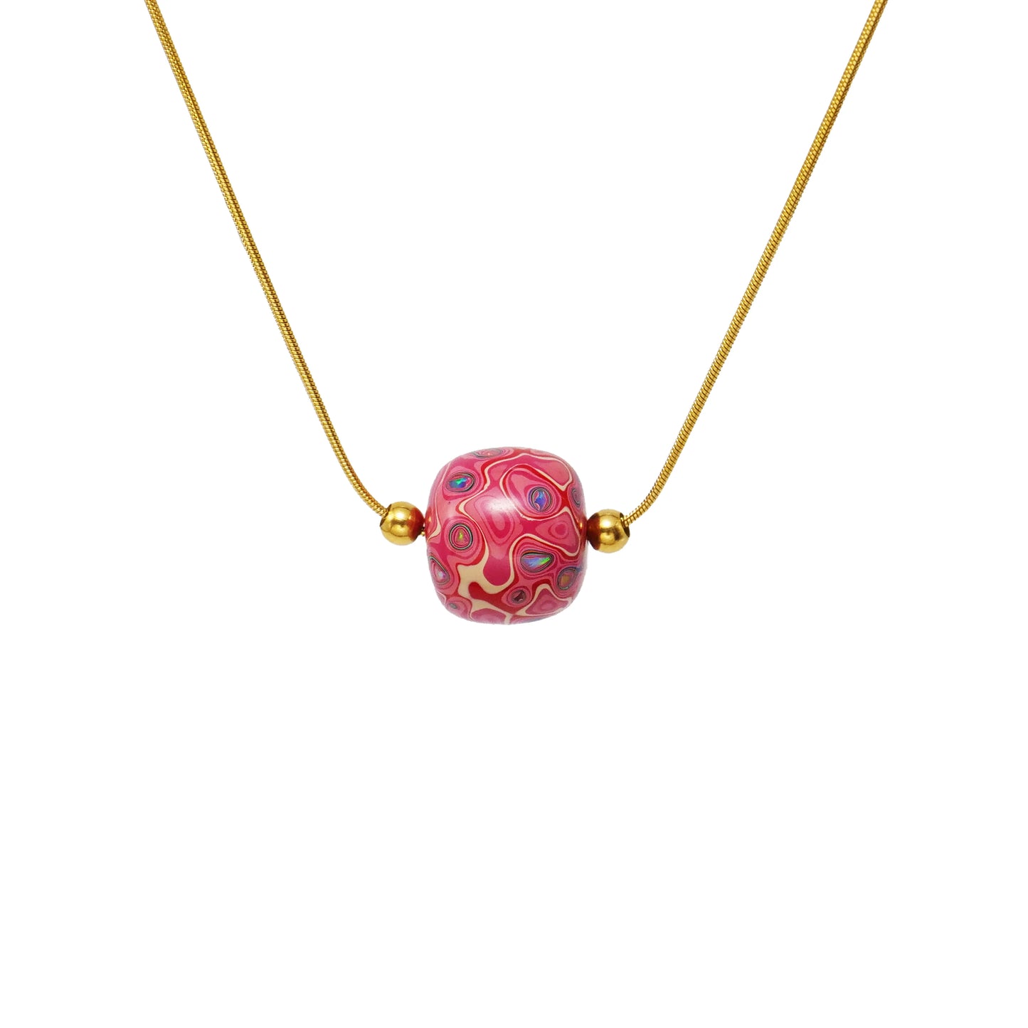 Pink lady lacquer bead pendant necklace, high quality copper gold plated, lacquer art, lacquer wood bead, exquisite