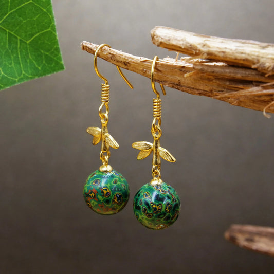 Green enamel ball Gold line copper Gold plated dragonfly earrings temperament charm earrings