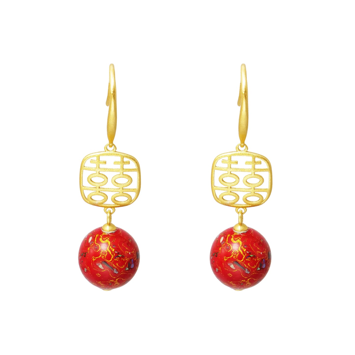 Chinese red gold lacquer beads, copper electric gold-plated high-grade earrings