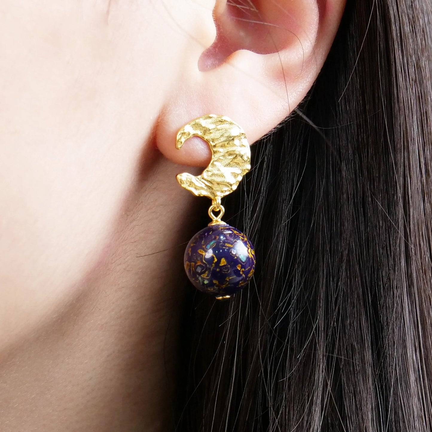 Black purple paint beads, irregular shape earrings, high quality copper electric gold plated, gold line temperament earrings