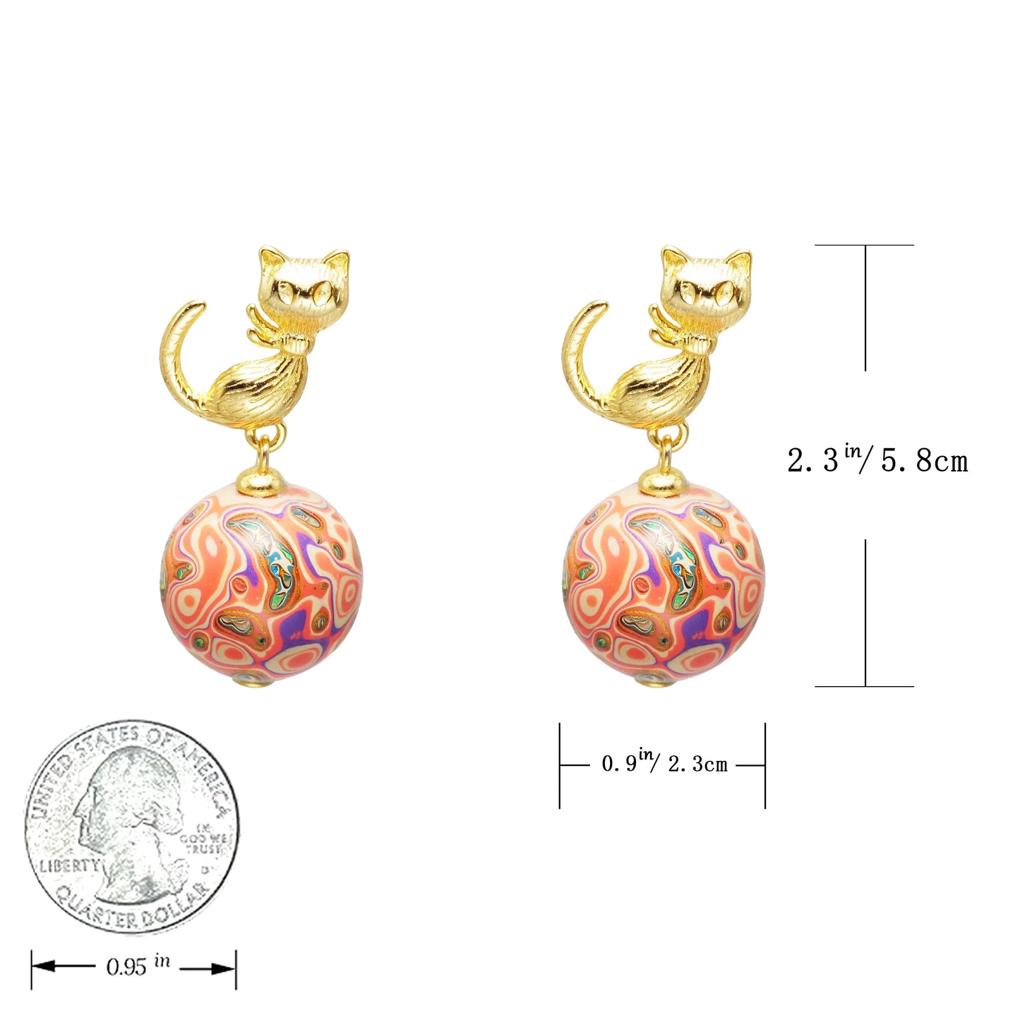 Pink lacquer bead cat earrings, copper electric gold plated, gold line temperament high-grade earrings