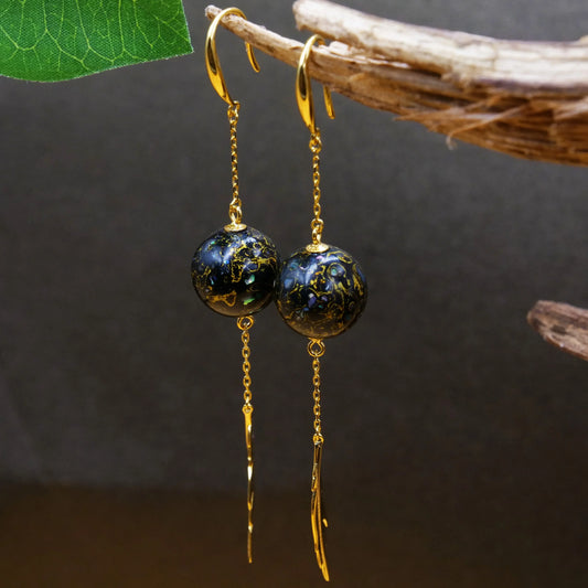 "Blue Gold Pearl Heart Pendant Earrings with Copper Gold-Plated Lacquered Wood Beads"