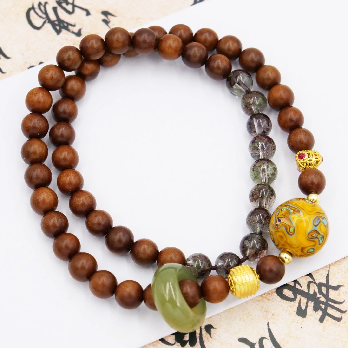 Jade gold lacquer bead bracelet, high quality copper electric gold plated, intangible cultural heritage, handmade