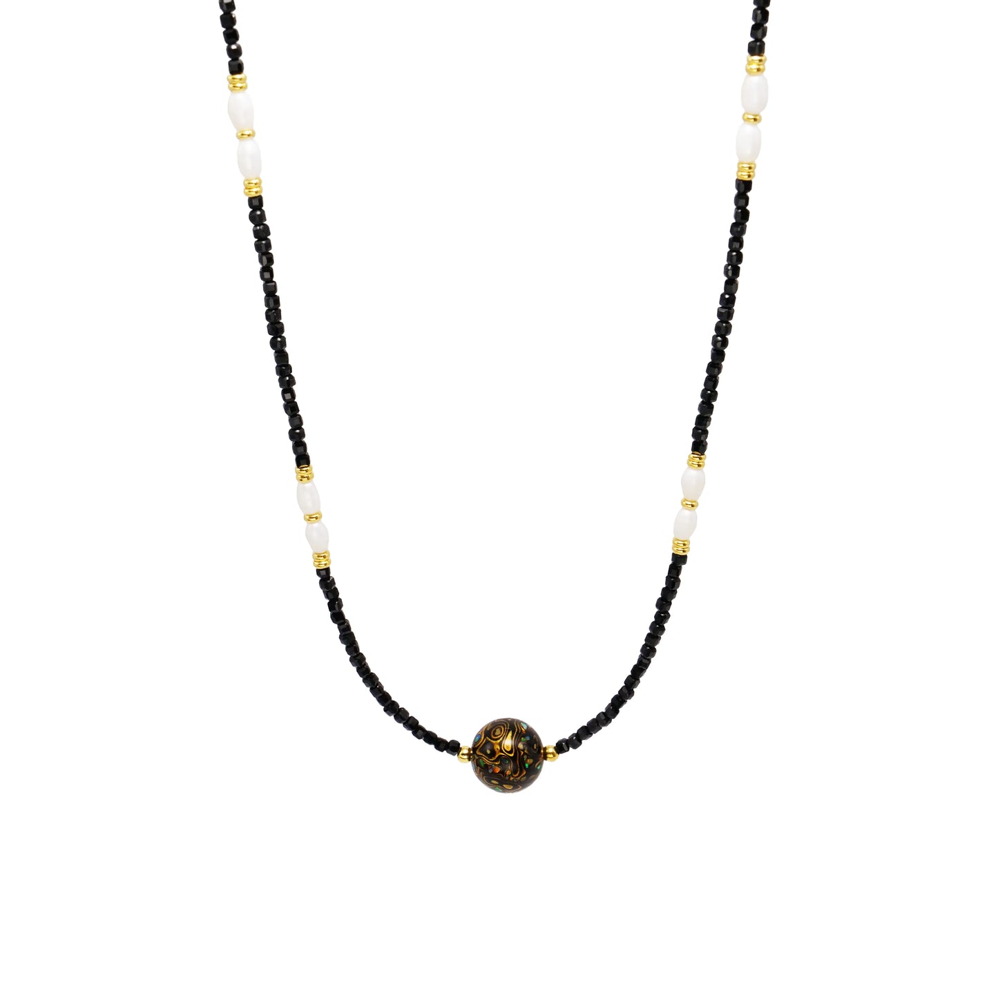 "Black Gold Lacquer Bead Women's Beaded Necklace with Copper Plating"